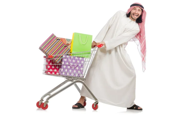 Arabiska mannen gör shopping isolerad på vitt — Stockfoto