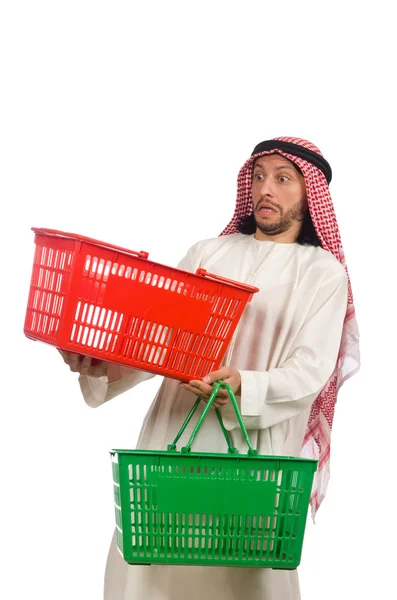 Homem árabe fazendo compras isolado no branco — Fotografia de Stock