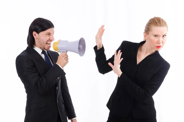 Empresário e empresária com megafone isolado em branco — Fotografia de Stock