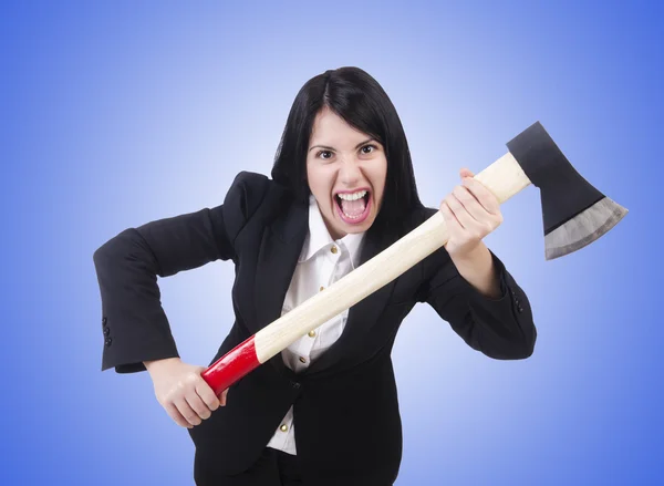 Angry businesswoman with axe — Stock Photo, Image