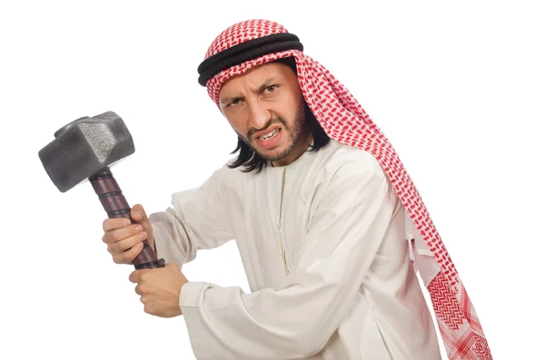 Kızgın Arap adam beyaz izole çekiç ile — Stok fotoğraf