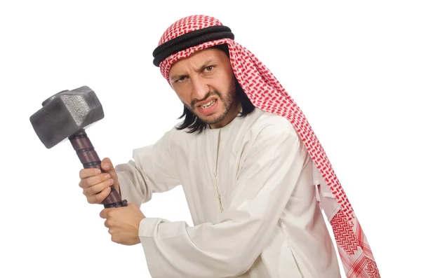 Angry arab man with hammer isolated on white — Stock Photo, Image