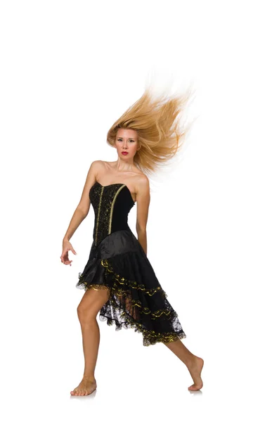 Блондинка волосся дівчина в чорній вечірній сукні ізольована на білому — стокове фото