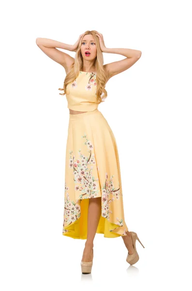 Chica rubia en vestido encantador con estampados de flores aislados en whit — Foto de Stock