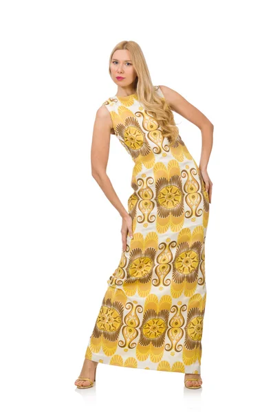Vacker flicka i gul blommig klänning isolerad på vit — Stockfoto