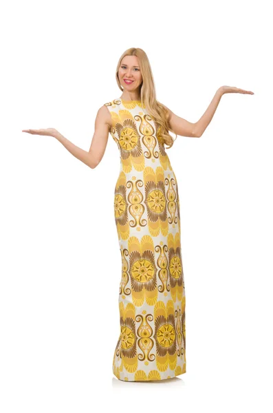 Vacker flicka i gul blommig klänning isolerad på vit — Stockfoto