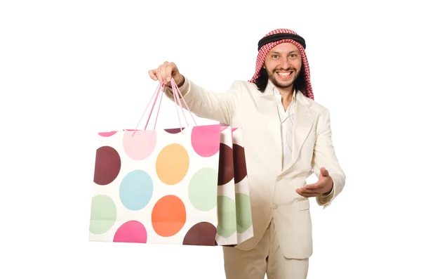 Arab man with shopping bags on white — Stock Photo, Image