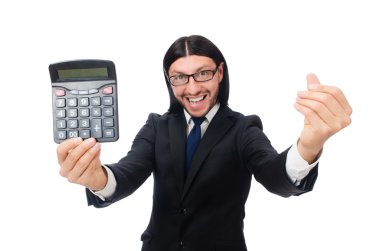 Hesap makinesi olan adam beyazda izole edildi