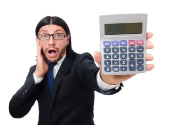 Hesap makinesi olan adam beyazda izole edildi