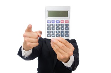 Hesap makinesi olan adam beyazda izole edildi