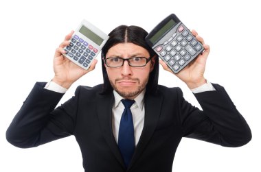 Hesap makinesi olan adam beyazda izole edildi