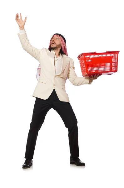 Homem árabe fazendo compras isolado no branco — Fotografia de Stock