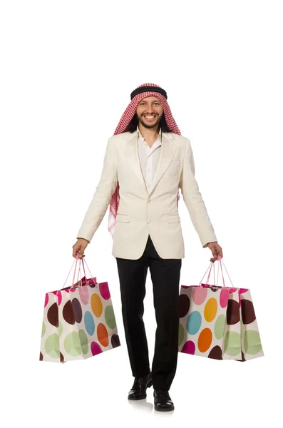 Arab man with shopping bags on white — Stock Photo, Image