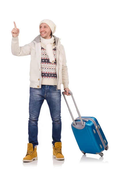 Turist holding resväska isolerad på vit — Stockfoto
