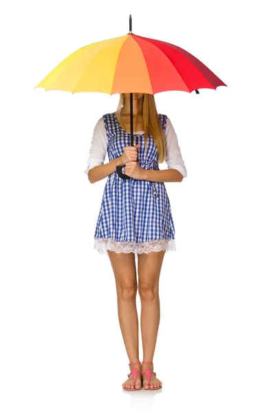 Woman with umbrella isolated on white — Stock Photo, Image