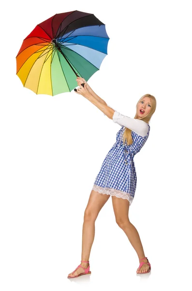 Woman with umbrella isolated on white — Stock Photo, Image