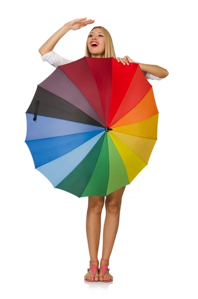 Woman with umbrella isolated on white — Stock Photo, Image