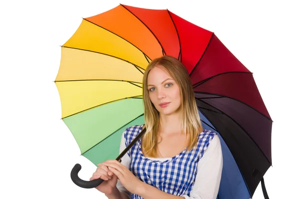 Woman with umbrella isolated on white — Stock Photo, Image