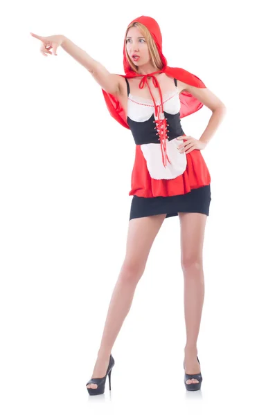 Kız beyaz izole kırmızı başlıklı kostüm sürme içinde — Stok fotoğraf