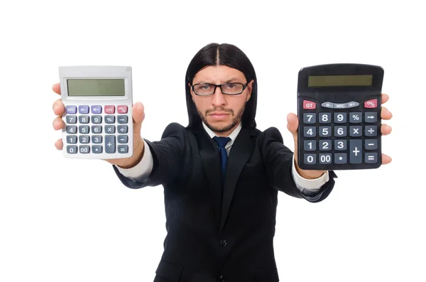 Homem com calculadora isolada em branco — Fotografia de Stock