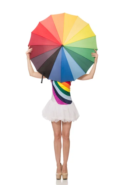 Femme avec parapluie coloré sur blanc — Photo