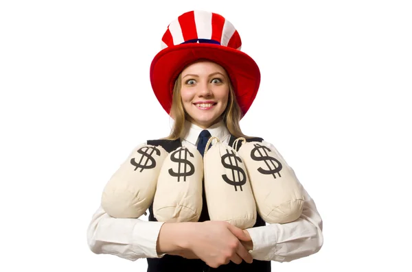 Donna con sacchi di denaro isolato su bianco — Foto Stock