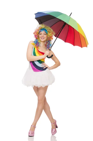 Donna con ombrello colorato su bianco — Foto Stock