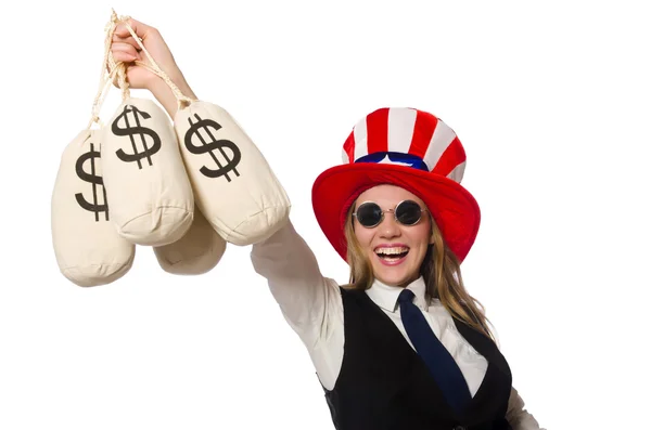 Woman with money sacks isolated on white — Stock Photo, Image