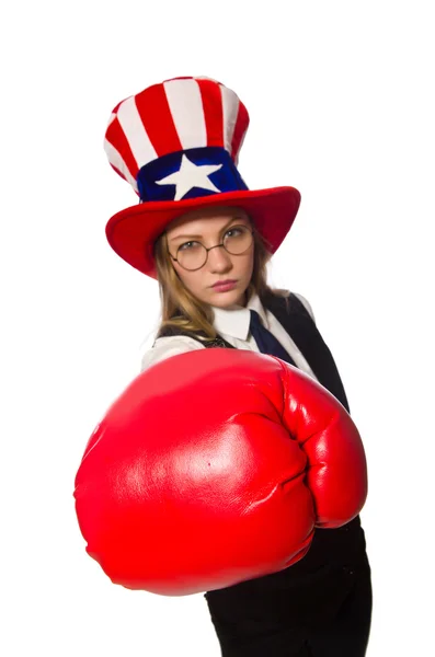 Mujer con guantes de boxeo aislados en blanco —  Fotos de Stock