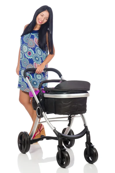 Gelukkig mam met haar baby in kinderwagen — Stockfoto