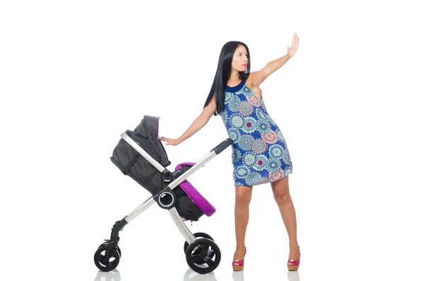 Gelukkig mam met haar baby in kinderwagen — Stockfoto