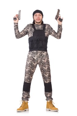 Beyaz izole tabanca ile beyaz asker