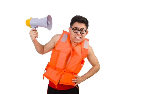Grappige mens dragen vest met luidspreker — Stockfoto
