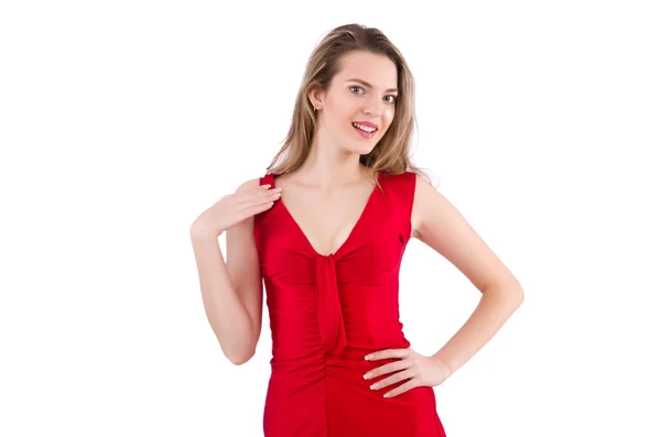 Νεαρή γυναίκα με κόκκινο φόρεμα απομονωμένη σε λευκό — Φωτογραφία Αρχείου