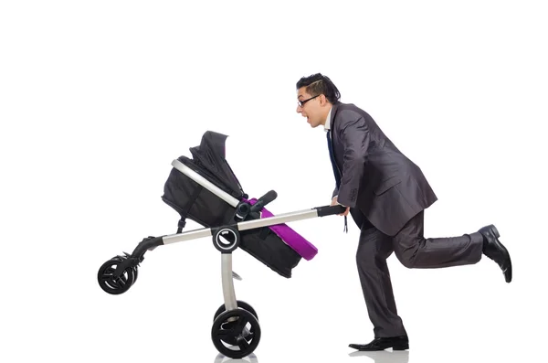 Divertente papà con bambino e carrozzina su bianco — Foto Stock