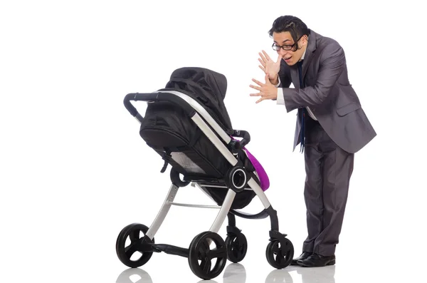 Grappige vader met baby en kinderwagen op wit — Stockfoto