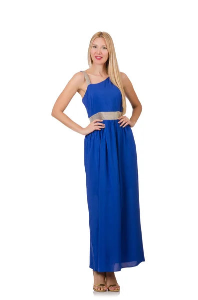 길고 푸른 드레스를 입고 흰색으로 고립 된 아름다운 여인 — 스톡 사진