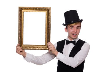 Fotoğraf çerçeveli adam beyaz üzerine izole