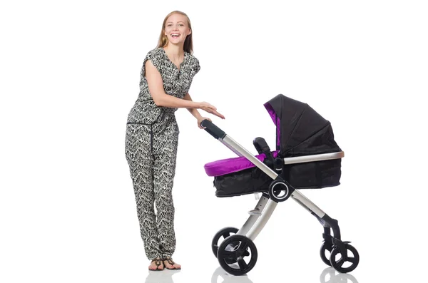 Lycklig mamma med sitt barn i barnvagn — Stockfoto
