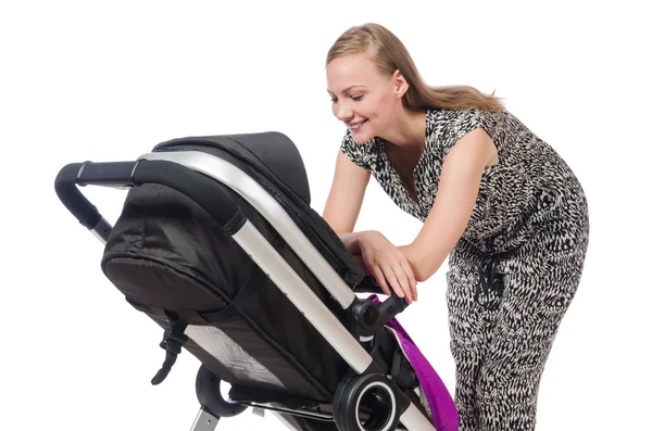 Mãe feliz com seu bebê no carrinho — Fotografia de Stock