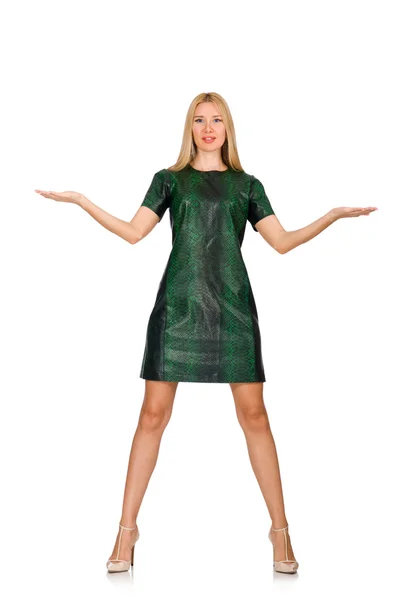 白い服に隔離された緑のドレスの若い女性 — ストック写真
