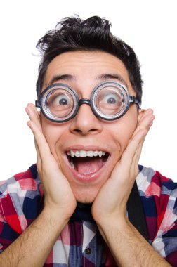 Genç adam beyaz izole ekose gömlekli