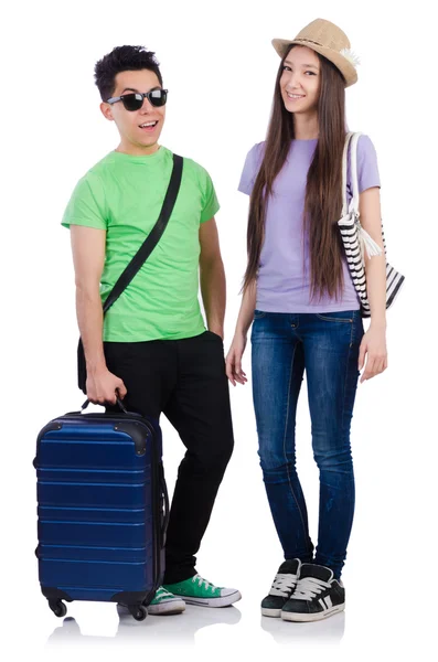 Dívka a chlapec s kufrem izolované na bílém — Stock fotografie