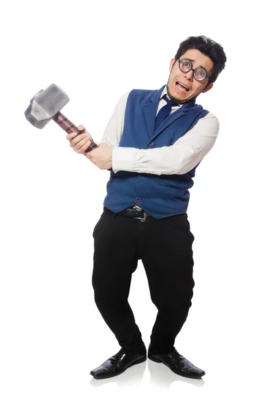 Young man holding hammer isolated on white — Stock Photo, Image