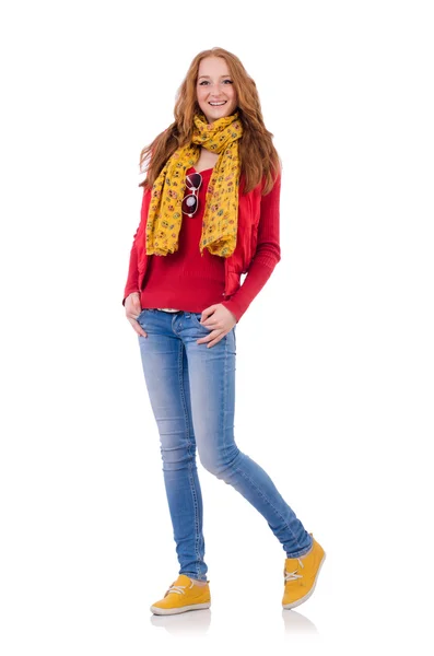 Carino sorridente ragazza in giacca rossa e jeans isolati su bianco — Foto Stock