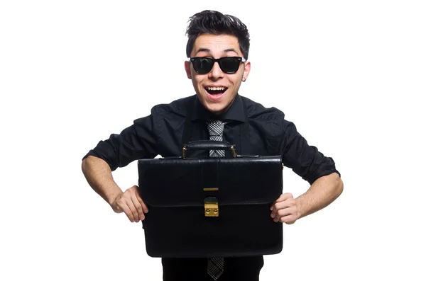 Young smiling employee with briefcase isolated on white — Stock Photo, Image