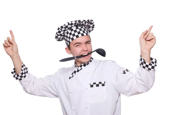 Jeune chef en uniforme isolé sur blanc — Photo