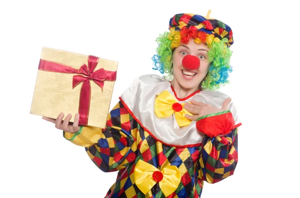Clown with giftbox isolated on white — Stock Photo, Image