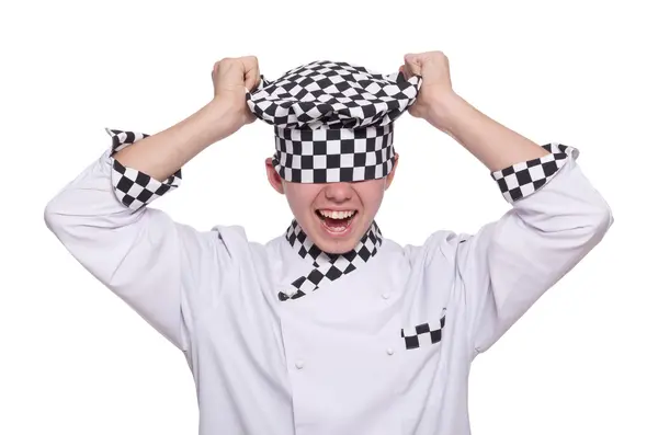 Jovem chef de uniforme isolado em branco — Fotografia de Stock