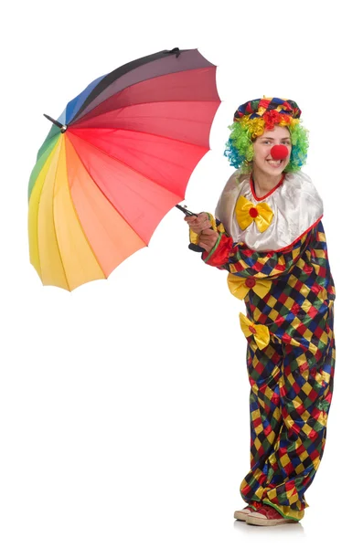 Clown with umbrella isolated on white — Stock Photo, Image